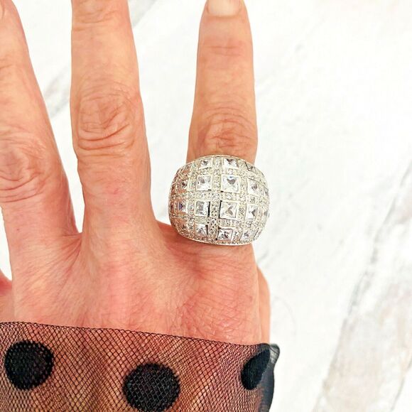 Sterling Silver Cubic Zirconia Domed Bombe Ring Statement Sz 7.5 Cocktail 13 Grs - Picture 11 of 11